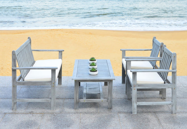 Safavieh BURBANK 4-Piece Outdoor Seating Set with Weather-Resistant Cushions for Stylish Patio Living Grey / Beige PAT7006B