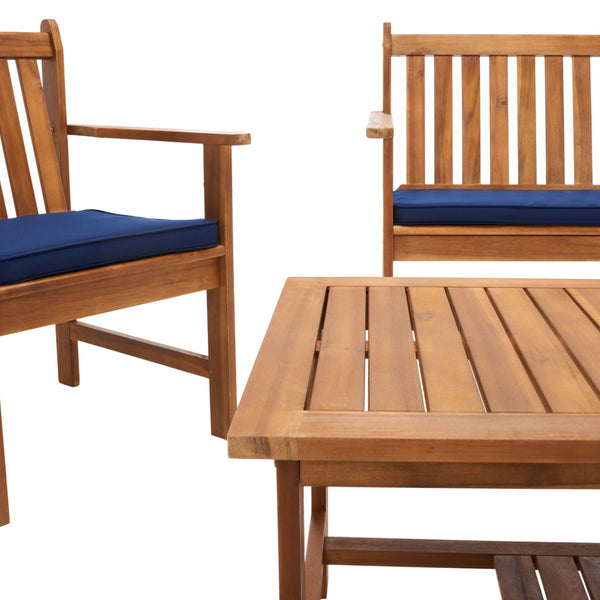 Safavieh BURBANK 4-Piece Outdoor Seating Set with Weather-Resistant Cushions for Stylish Patio Living Natural / Navy PAT7006D