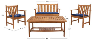 Safavieh BURBANK 4-Piece Outdoor Seating Set with Weather-Resistant Cushions for Stylish Patio Living Natural / Navy PAT7006D