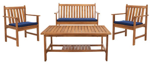 Safavieh BURBANK 4-Piece Outdoor Seating Set with Weather-Resistant Cushions for Stylish Patio Living Natural / Navy PAT7006D