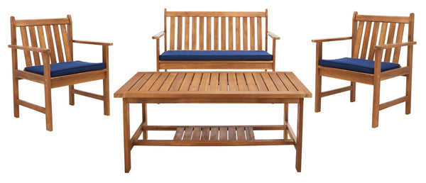 Safavieh BURBANK 4-Piece Outdoor Seating Set with Weather-Resistant Cushions for Stylish Patio Living Natural / Navy PAT7006D