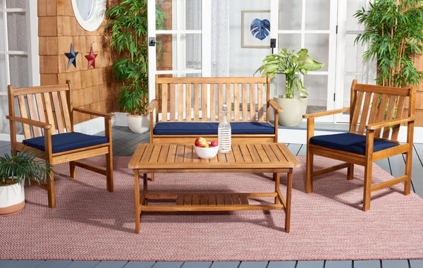 Safavieh BURBANK 4-Piece Outdoor Seating Set with Weather-Resistant Cushions for Stylish Patio Living Natural / Navy PAT7006D