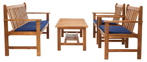 Safavieh BURBANK 4-Piece Outdoor Seating Set with Weather-Resistant Cushions for Stylish Patio Living Natural / Navy PAT7006D