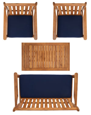 Safavieh BURBANK 4-Piece Outdoor Seating Set with Weather-Resistant Cushions for Stylish Patio Living Natural / Navy PAT7006D