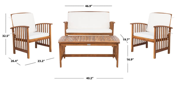 Safavieh ROCKLIN 4-Piece Outdoor Set - Stylish Acacia Wood Frame with Cozy All-Weather Cushions & Pillows Natural / Beige PAT7007A