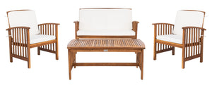 Safavieh ROCKLIN 4-Piece Outdoor Set - Stylish Acacia Wood Frame with Cozy All-Weather Cushions & Pillows Natural / Beige PAT7007A