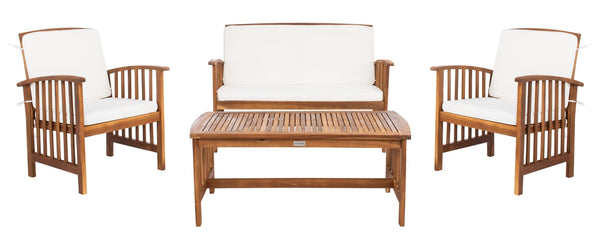 Safavieh ROCKLIN 4-Piece Outdoor Set - Stylish Acacia Wood Frame with Cozy All-Weather Cushions & Pillows Natural / Beige PAT7007A