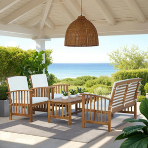 Safavieh ROCKLIN 4-Piece Outdoor Set - Stylish Acacia Wood Frame with Cozy All-Weather Cushions & Pillows Natural / Beige PAT7007A