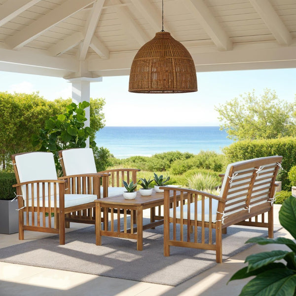 Safavieh ROCKLIN 4-Piece Outdoor Set - Stylish Acacia Wood Frame with Cozy All-Weather Cushions & Pillows Natural / Beige PAT7007A