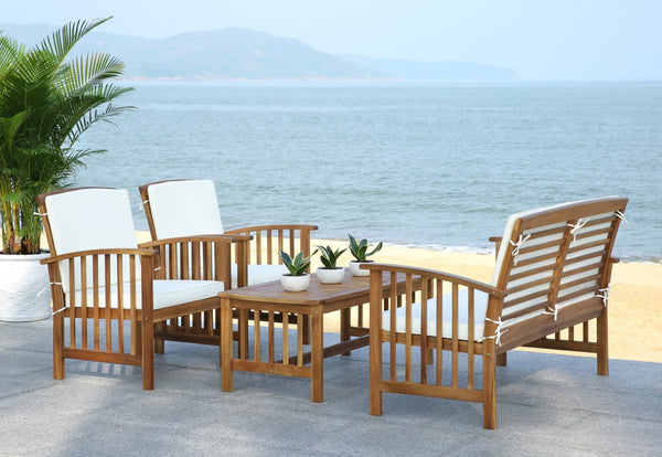 Safavieh ROCKLIN 4-Piece Outdoor Set - Stylish Acacia Wood Frame with Cozy All-Weather Cushions & Pillows Natural / Beige PAT7007A