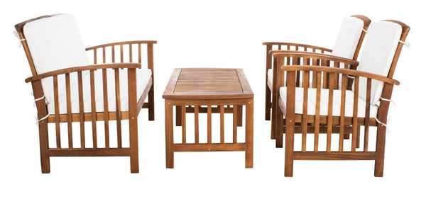 Safavieh ROCKLIN 4-Piece Outdoor Set - Stylish Acacia Wood Frame with Cozy All-Weather Cushions & Pillows Natural / Beige PAT7007A