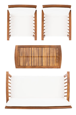 Safavieh ROCKLIN 4-Piece Outdoor Set - Stylish Acacia Wood Frame with Cozy All-Weather Cushions & Pillows Natural / Beige PAT7007A