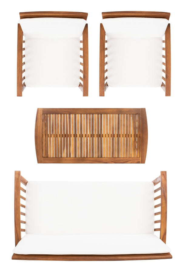 Safavieh ROCKLIN 4-Piece Outdoor Set - Stylish Acacia Wood Frame with Cozy All-Weather Cushions & Pillows Natural / Beige PAT7007A
