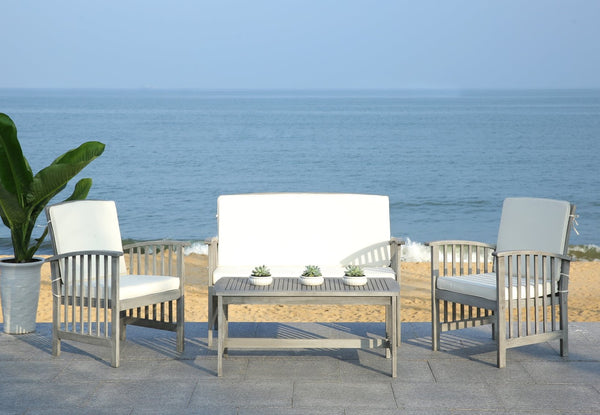 Safavieh ROCKLIN 4-Piece Outdoor Set - Stylish Acacia Wood Frame with Cozy All-Weather Cushions & Pillows Grey / Beige PAT7007B