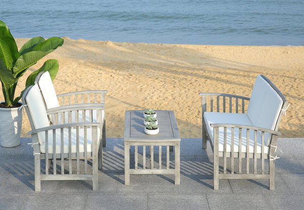 Safavieh ROCKLIN 4-Piece Outdoor Set - Stylish Acacia Wood Frame with Cozy All-Weather Cushions & Pillows Grey / Beige PAT7007B