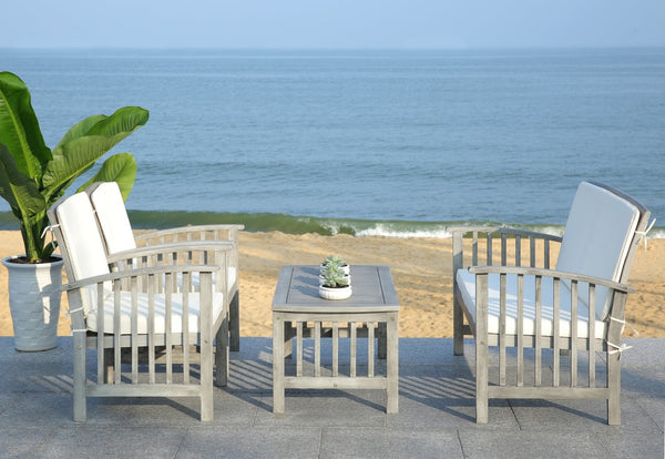 Safavieh ROCKLIN 4-Piece Outdoor Set - Stylish Acacia Wood Frame with Cozy All-Weather Cushions & Pillows Grey / Beige PAT7007B