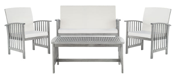 Safavieh ROCKLIN 4-Piece Outdoor Set - Stylish Acacia Wood Frame with Cozy All-Weather Cushions & Pillows Grey / Beige PAT7007B