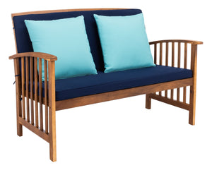 Safavieh ROCKLIN 4-Piece Outdoor Set - Stylish Acacia Wood Frame with Cozy All-Weather Cushions & Pillows Natural / Nvy+Solid Plw PAT7007C