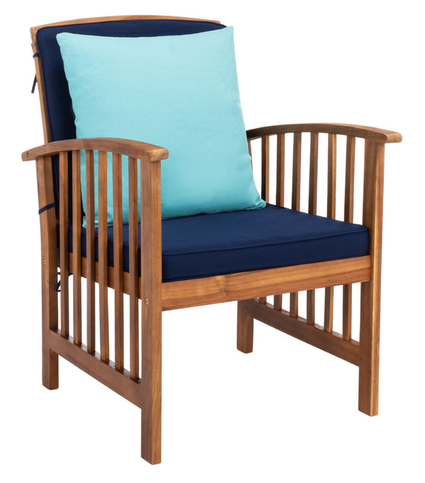 Safavieh ROCKLIN 4-Piece Outdoor Set - Stylish Acacia Wood Frame with Cozy All-Weather Cushions & Pillows Natural / Nvy+Solid Plw PAT7007C