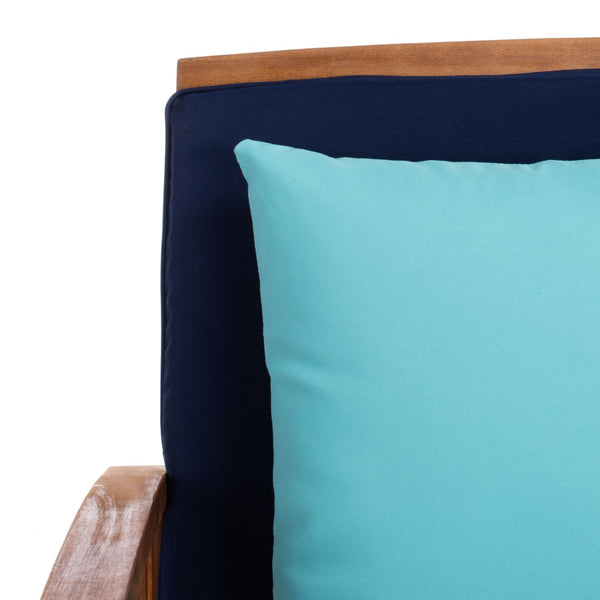 Safavieh ROCKLIN 4-Piece Outdoor Set - Stylish Acacia Wood Frame with Cozy All-Weather Cushions & Pillows Natural / Nvy+Solid Plw PAT7007C