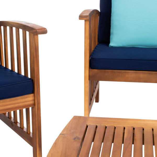 Safavieh ROCKLIN 4-Piece Outdoor Set - Stylish Acacia Wood Frame with Cozy All-Weather Cushions & Pillows Natural / Nvy+Solid Plw PAT7007C