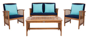 Safavieh ROCKLIN 4-Piece Outdoor Set - Stylish Acacia Wood Frame with Cozy All-Weather Cushions & Pillows Natural / Nvy+Solid Plw PAT7007C