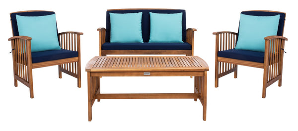 Safavieh ROCKLIN 4-Piece Outdoor Set - Stylish Acacia Wood Frame with Cozy All-Weather Cushions & Pillows Natural / Nvy+Solid Plw PAT7007C