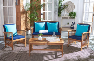 Safavieh ROCKLIN 4-Piece Outdoor Set - Stylish Acacia Wood Frame with Cozy All-Weather Cushions & Pillows Natural / Nvy+Solid Plw PAT7007C