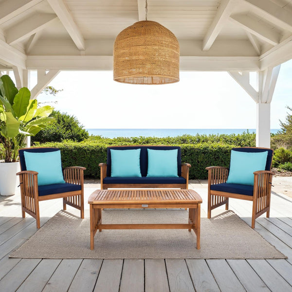 Safavieh ROCKLIN 4-Piece Outdoor Set - Stylish Acacia Wood Frame with Cozy All-Weather Cushions & Pillows Natural / Nvy+Solid Plw PAT7007C