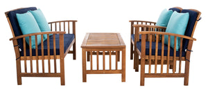 Safavieh ROCKLIN 4-Piece Outdoor Set - Stylish Acacia Wood Frame with Cozy All-Weather Cushions & Pillows Natural / Nvy+Solid Plw PAT7007C