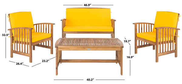 Safavieh ROCKLIN 4-Piece Outdoor Set - Stylish Acacia Wood Frame with Cozy All-Weather Cushions & Pillows Natural / Ylw + Solid P PAT7007D