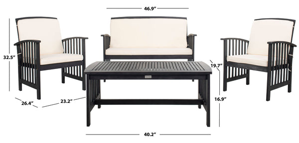 Safavieh ROCKLIN 4-Piece Outdoor Set - Stylish Acacia Wood Frame with Cozy All-Weather Cushions & Pillows Black / Beige PAT7007E