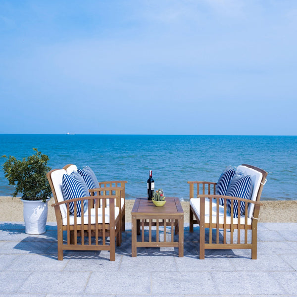 Safavieh ROCKLIN 4-Piece Outdoor Set - Stylish Acacia Wood Frame with Cozy All-Weather Cushions & Pillows Natural / Bge + Thn Stp P PAT7007F