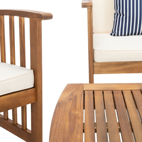 Safavieh ROCKLIN 4-Piece Outdoor Set - Stylish Acacia Wood Frame with Cozy All-Weather Cushions & Pillows Natural / Bge + Thn Stp P PAT7007F