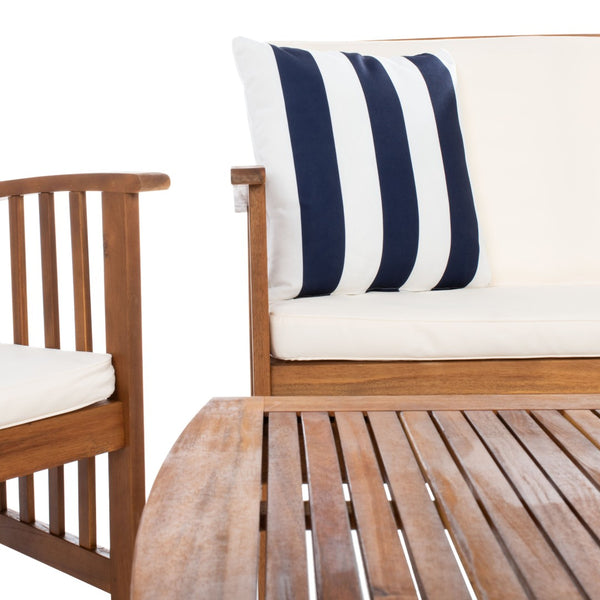 Safavieh ROCKLIN 4-Piece Outdoor Set - Stylish Acacia Wood Frame with Cozy All-Weather Cushions & Pillows Natural / Bge + Thk Stp P PAT7007G