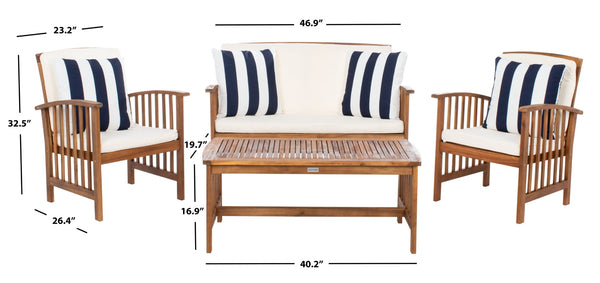 Safavieh ROCKLIN 4-Piece Outdoor Set - Stylish Acacia Wood Frame with Cozy All-Weather Cushions & Pillows Natural / Bge + Thk Stp P PAT7007G
