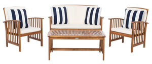 Safavieh ROCKLIN 4-Piece Outdoor Set - Stylish Acacia Wood Frame with Cozy All-Weather Cushions & Pillows Natural / Bge + Thk Stp P PAT7007G