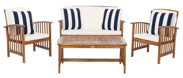 Safavieh ROCKLIN 4-Piece Outdoor Set - Stylish Acacia Wood Frame with Cozy All-Weather Cushions & Pillows Natural / Bge + Thk Stp P PAT7007G
