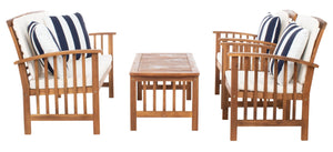 Safavieh ROCKLIN 4-Piece Outdoor Set - Stylish Acacia Wood Frame with Cozy All-Weather Cushions & Pillows Natural / Bge + Thk Stp P PAT7007G