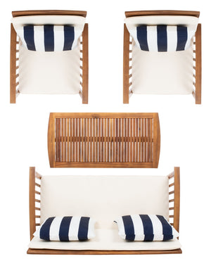 Safavieh ROCKLIN 4-Piece Outdoor Set - Stylish Acacia Wood Frame with Cozy All-Weather Cushions & Pillows Natural / Bge + Thk Stp P PAT7007G