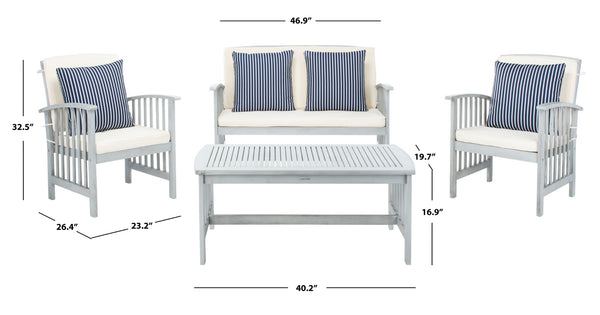 Safavieh ROCKLIN 4-Piece Outdoor Set - Stylish Acacia Wood Frame with Cozy All-Weather Cushions & Pillows Grey / Bge + Thn Stp P PAT7007H