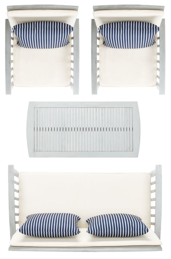 Safavieh ROCKLIN 4-Piece Outdoor Set - Stylish Acacia Wood Frame with Cozy All-Weather Cushions & Pillows Grey / Bge + Thn Stp P PAT7007H