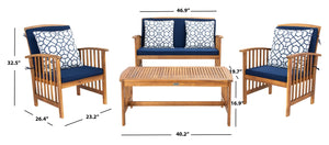 Safavieh ROCKLIN 4-Piece Outdoor Set - Stylish Acacia Wood Frame with Cozy All-Weather Cushions & Pillows Natural / Nvy + Trellis P PAT7007J
