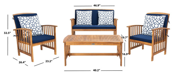 Safavieh ROCKLIN 4-Piece Outdoor Set - Stylish Acacia Wood Frame with Cozy All-Weather Cushions & Pillows Natural / Nvy + Trellis P PAT7007J