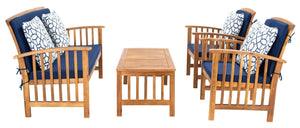 Safavieh ROCKLIN 4-Piece Outdoor Set - Stylish Acacia Wood Frame with Cozy All-Weather Cushions & Pillows Natural / Nvy + Trellis P PAT7007J