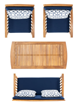 Safavieh ROCKLIN 4-Piece Outdoor Set - Stylish Acacia Wood Frame with Cozy All-Weather Cushions & Pillows Natural / Nvy + Trellis P PAT7007J