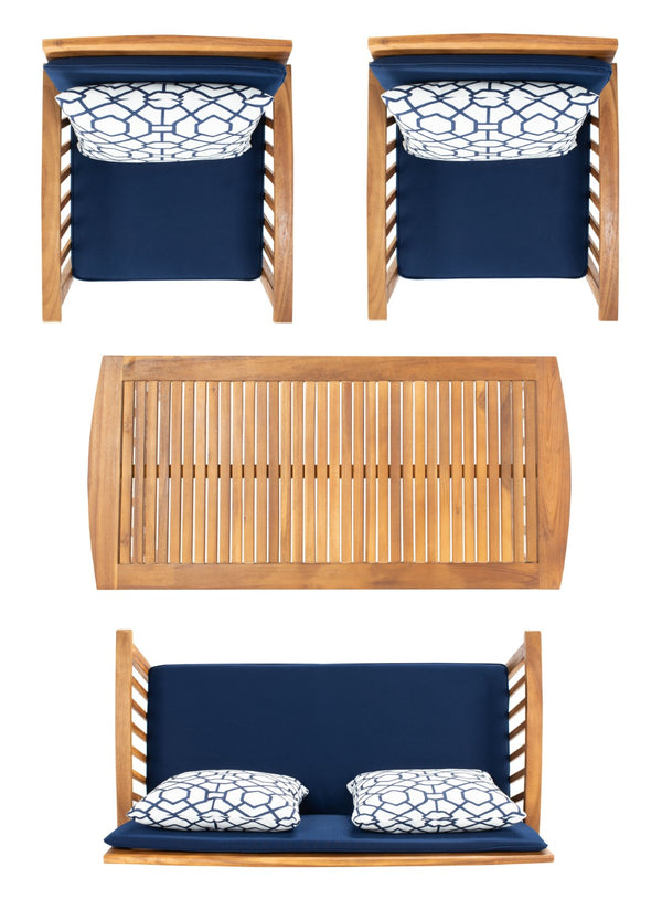 Safavieh ROCKLIN 4-Piece Outdoor Set - Stylish Acacia Wood Frame with Cozy All-Weather Cushions & Pillows Natural / Nvy + Trellis P PAT7007J