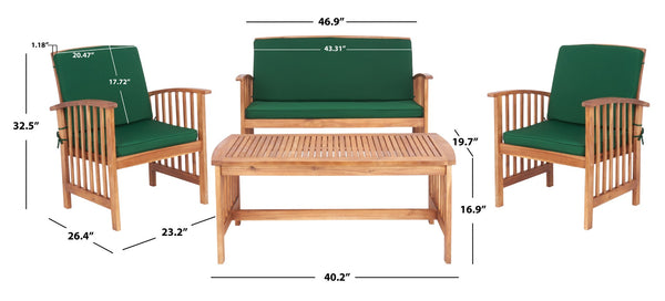 Safavieh ROCKLIN 4-Piece Outdoor Set - Stylish Acacia Wood Frame with Cozy All-Weather Cushions & Pillows Natural / Green PAT7007N