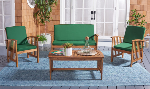 Safavieh ROCKLIN 4-Piece Outdoor Set - Stylish Acacia Wood Frame with Cozy All-Weather Cushions & Pillows Natural / Green PAT7007N