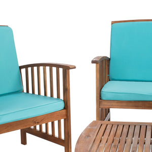 Safavieh ROCKLIN 4-Piece Outdoor Set - Stylish Acacia Wood Frame with Cozy All-Weather Cushions & Pillows Natural / Aqua PAT7007Q